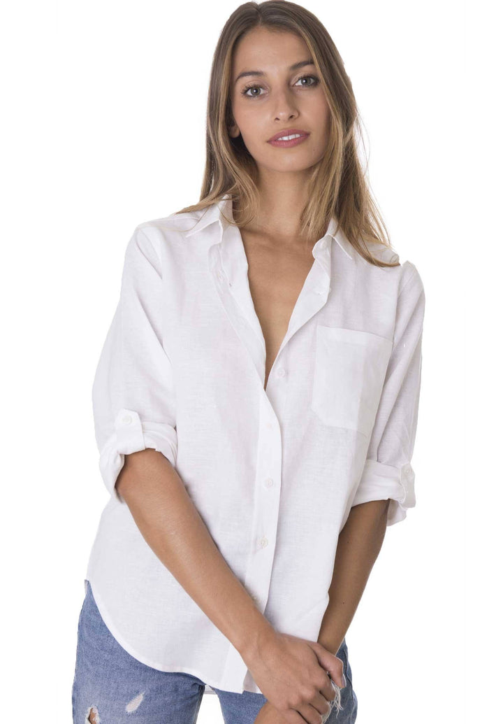Febe-LS White linen shirt with roll-up tabs
