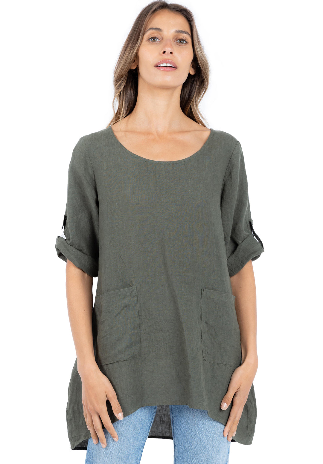 Federica Olive Green, Sand Washed Linen Tunic Top