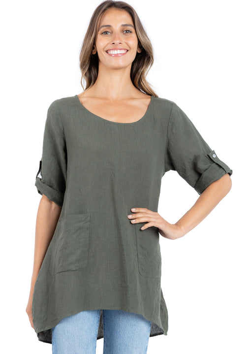 Federica Olive Green, Sand Washed Linen Tunic Top