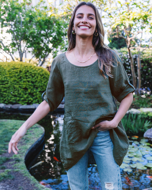 Federica Olive Green, Sand Washed Linen Tunic Top