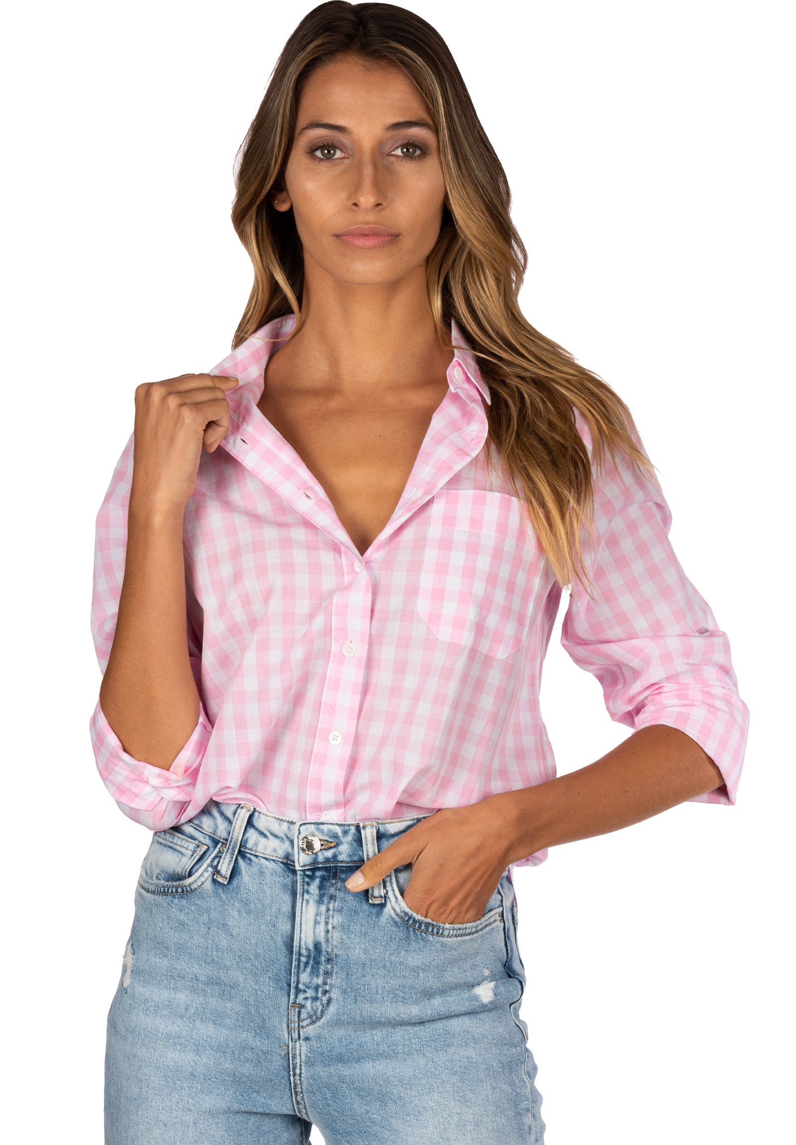 Pink gingham shirt womens sale