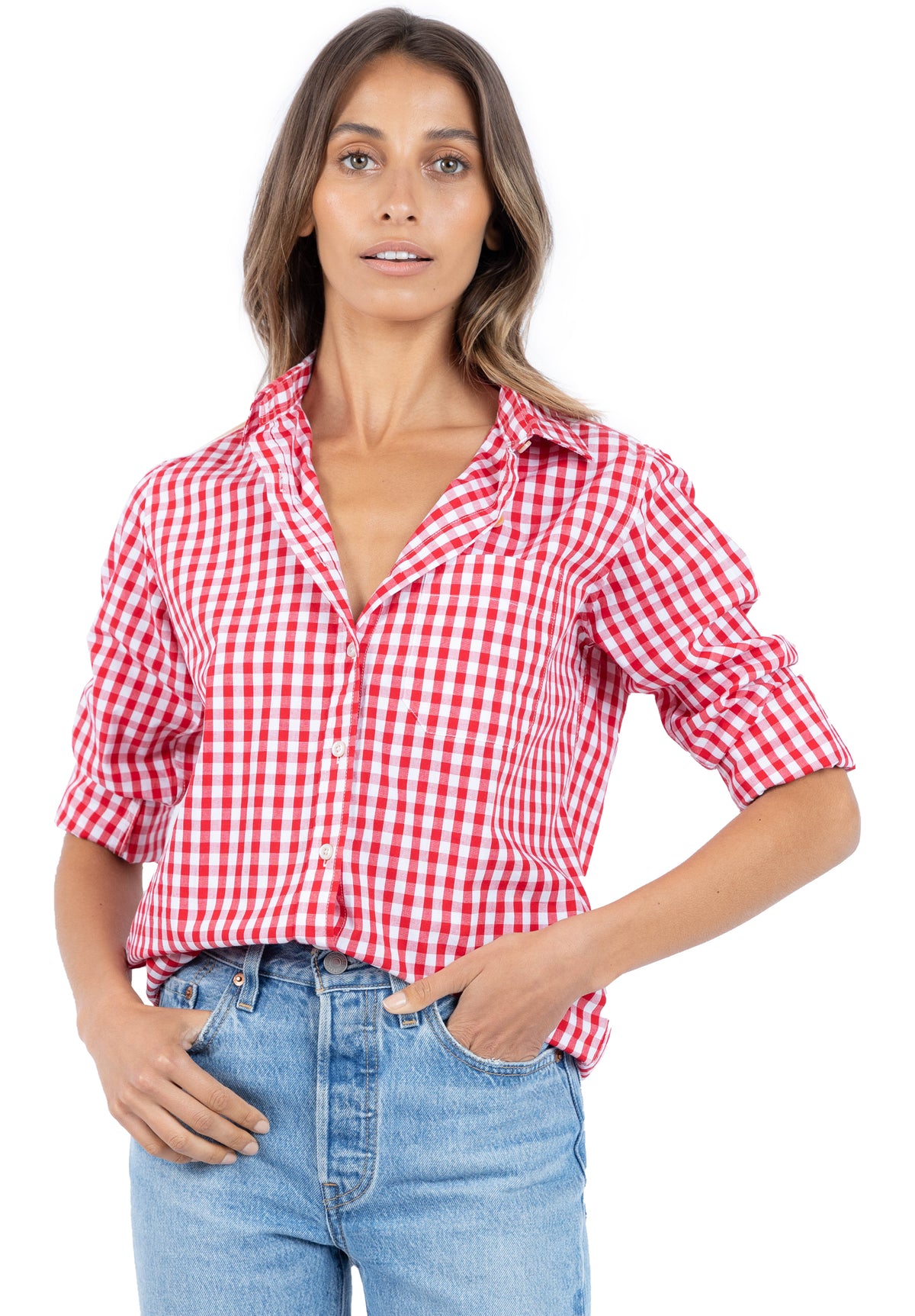 Gigi, Red Gingham Cotton Shirt
