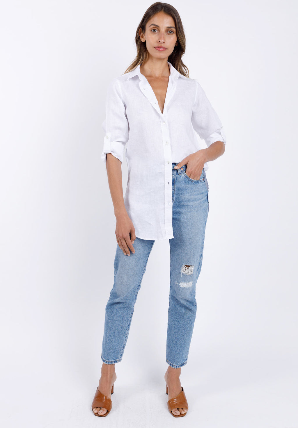 Gaia White, Casual Linen Tunic Shirt