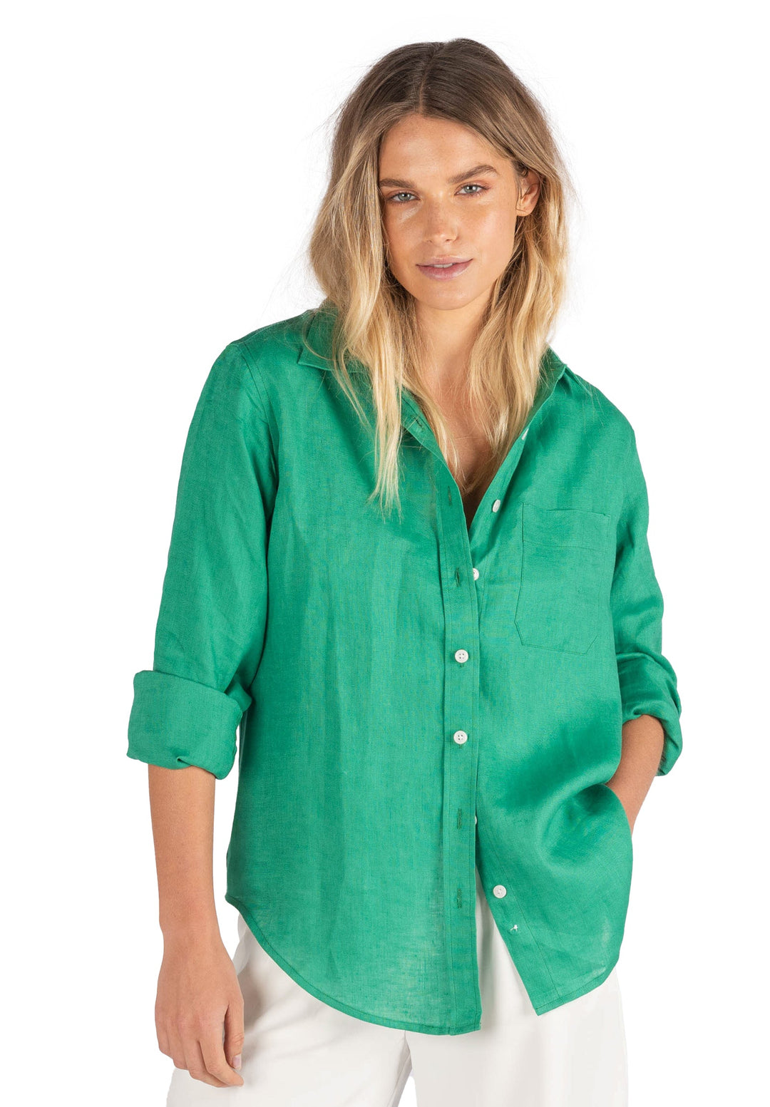Women's Green Linen Loose Fit Blouse
