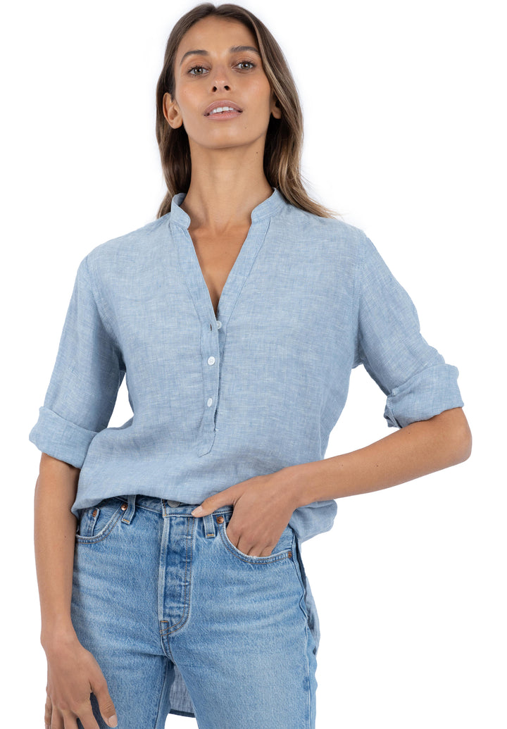Kim, Blue Melange Pop-Over Linen Tunic Shirt