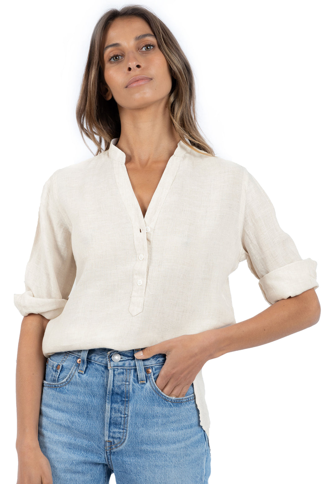 Kim, Oat Pop-Over Linen Tunic Shirt