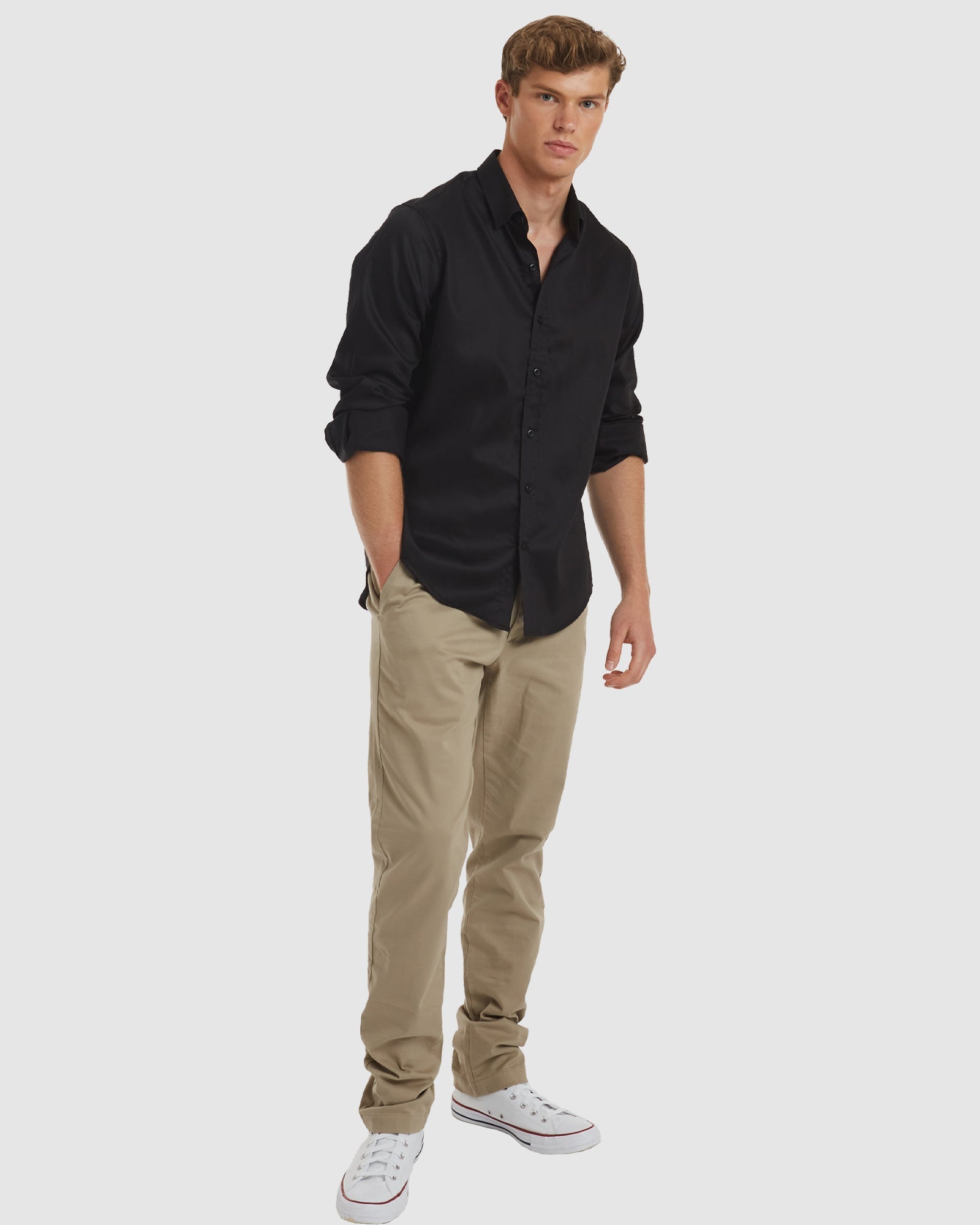 Black dress shirt with sales khakis