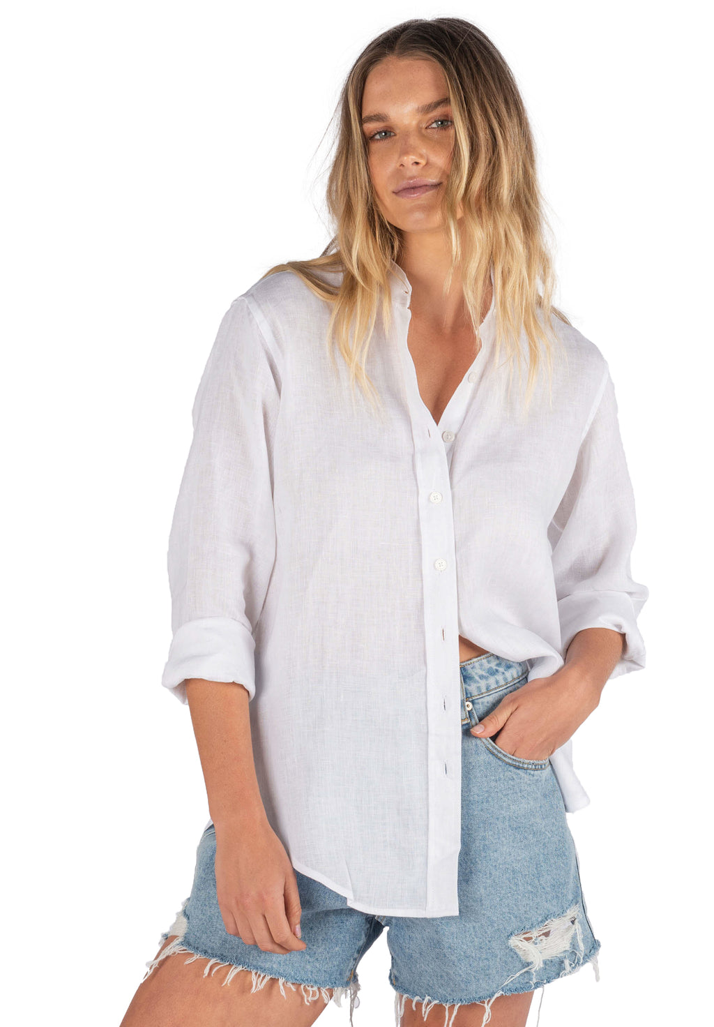 Lotus White Mandarin Collar Linen Shirt