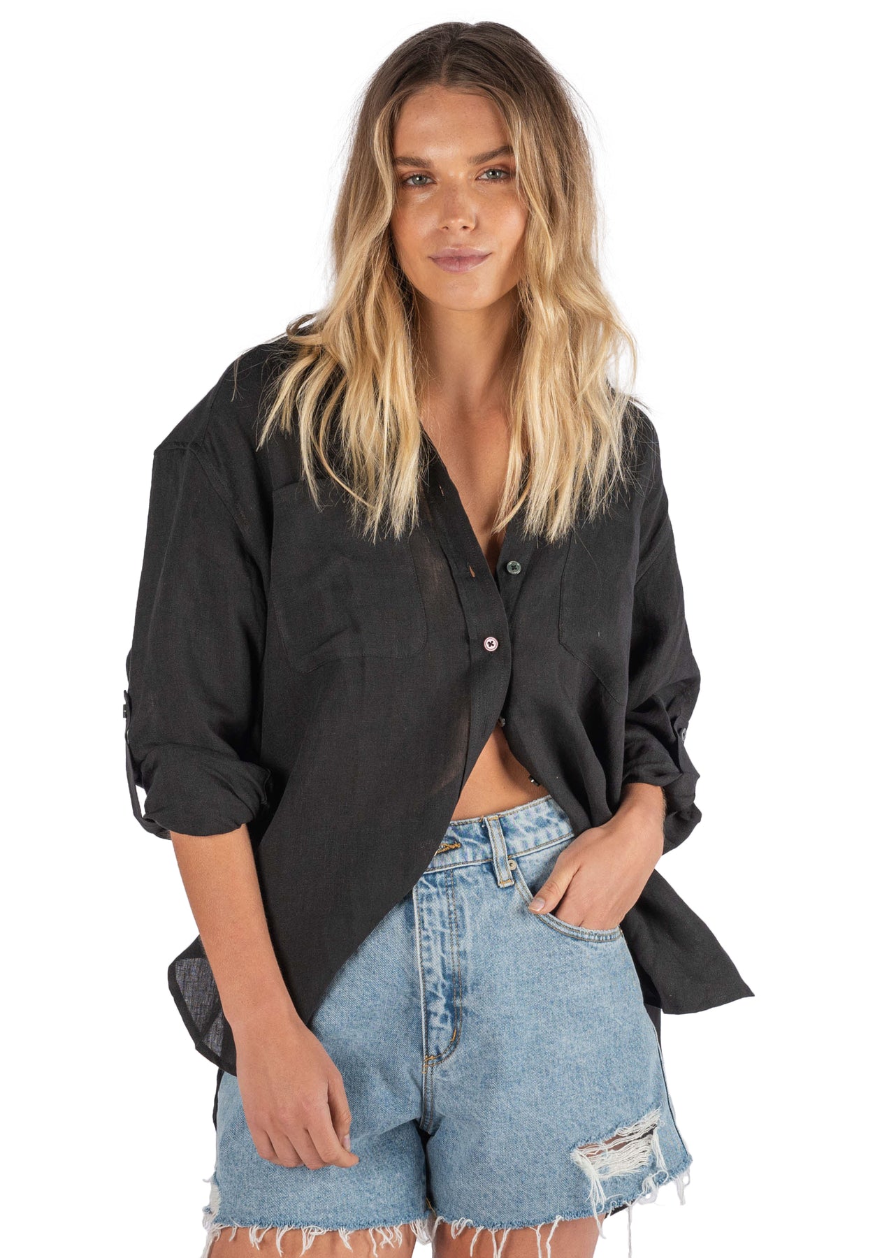 Luna Black Oversized Linen Shirt with Pockets – CAMIXA