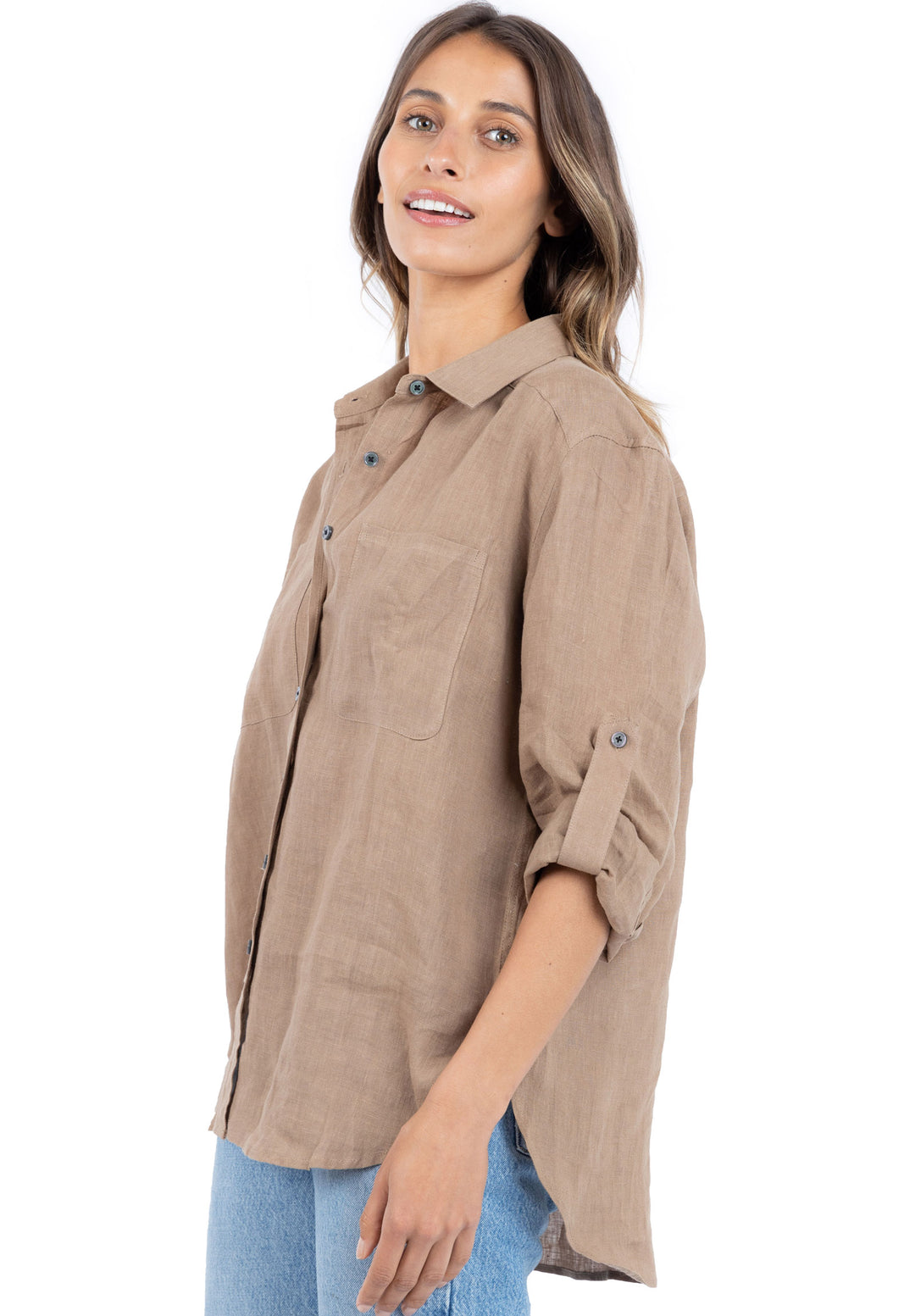 Luna Hazelnut Oversized Linen Shirt with Pockets