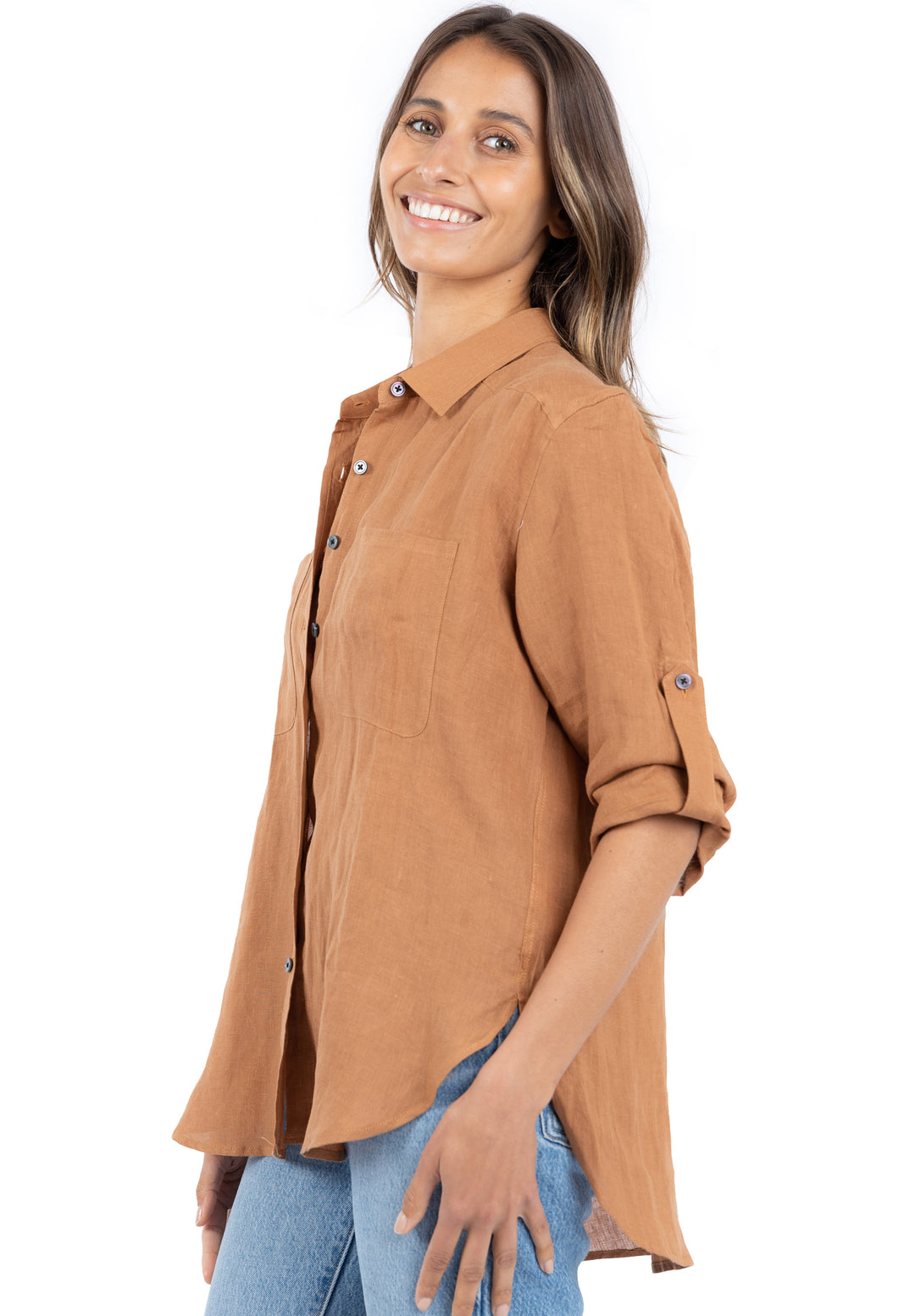 Luna Tobacco Oversized Linen Shirt with Pockets