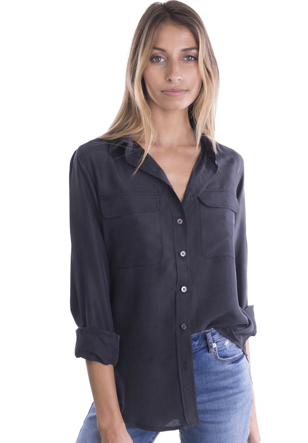 Lete Silk Black, Sand Washed Shirt with pockets