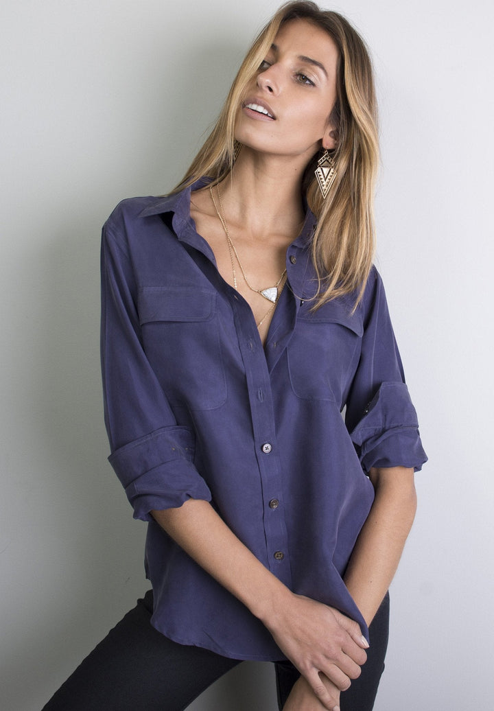 Lete Silk Blue, Sand Washed Shirt with pockets