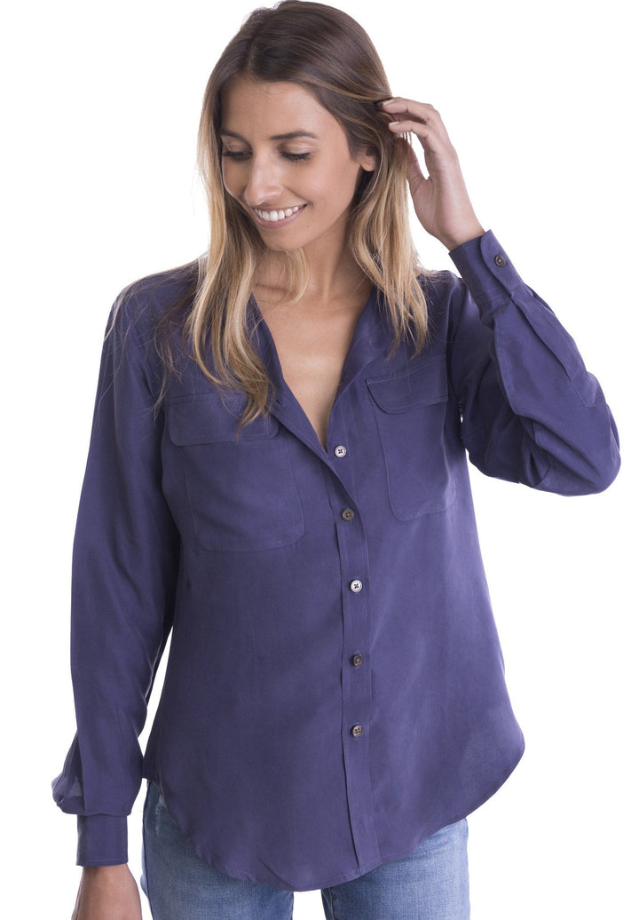 Lete Silk Blue, Sand Washed Shirt with pockets