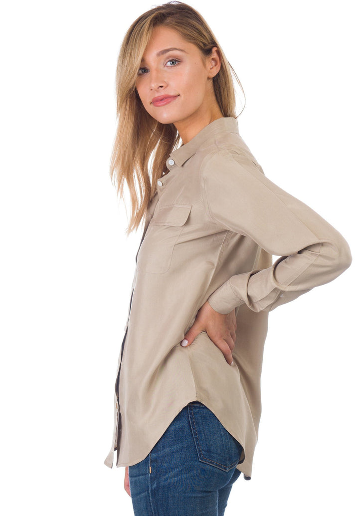 Lete Silk Khaki, Sand Washed Shirt with pockets