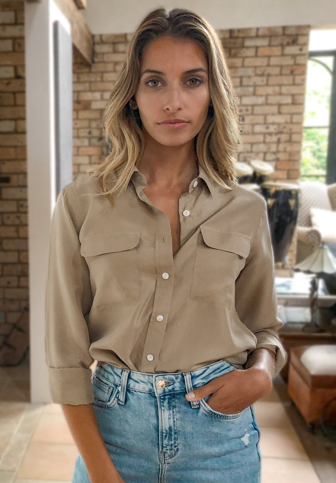 Lete Silk Khaki, Sand Washed Shirt with pockets