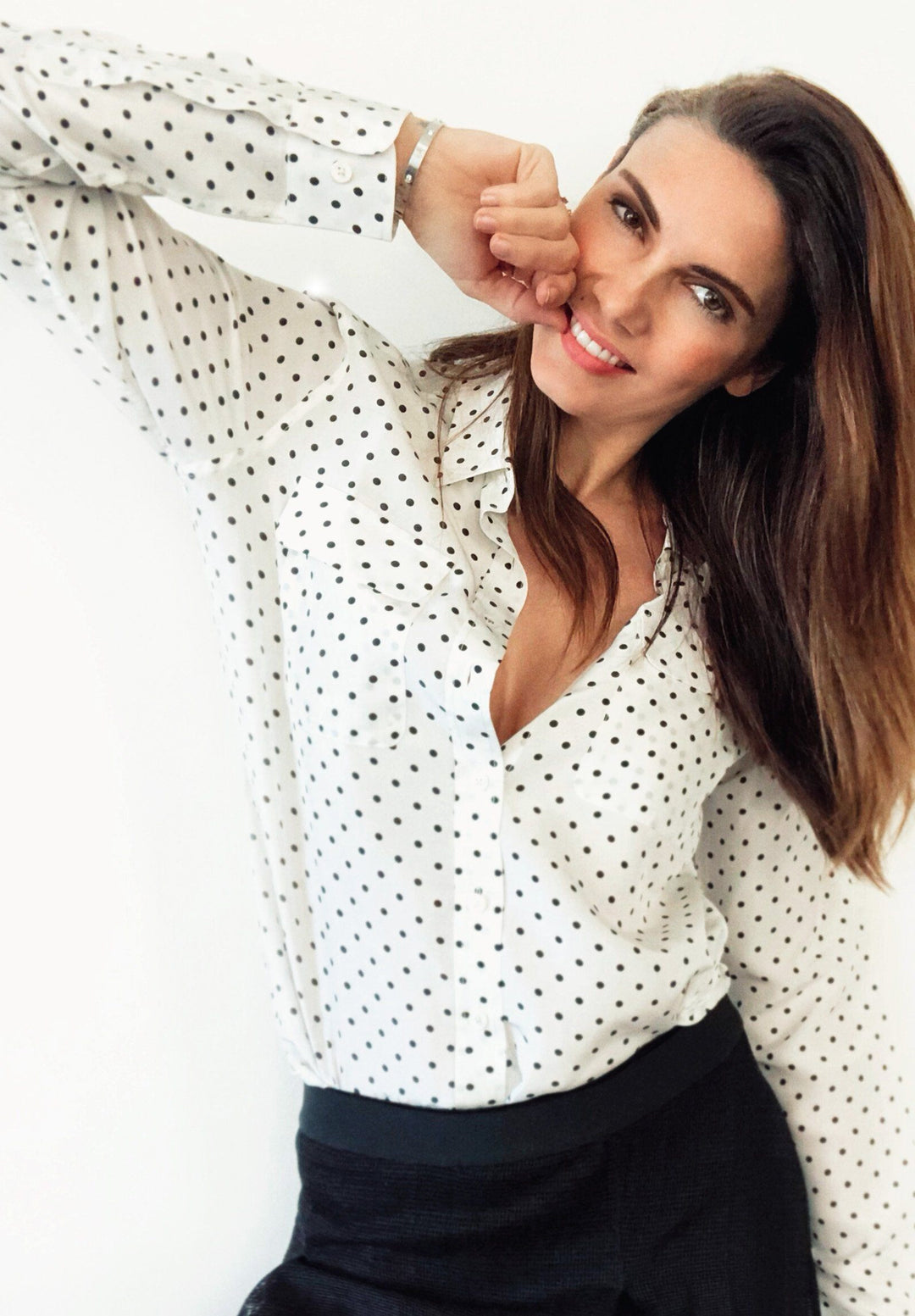 Lete Silk Polka Dots White, Sand Washed Shirt with pockets