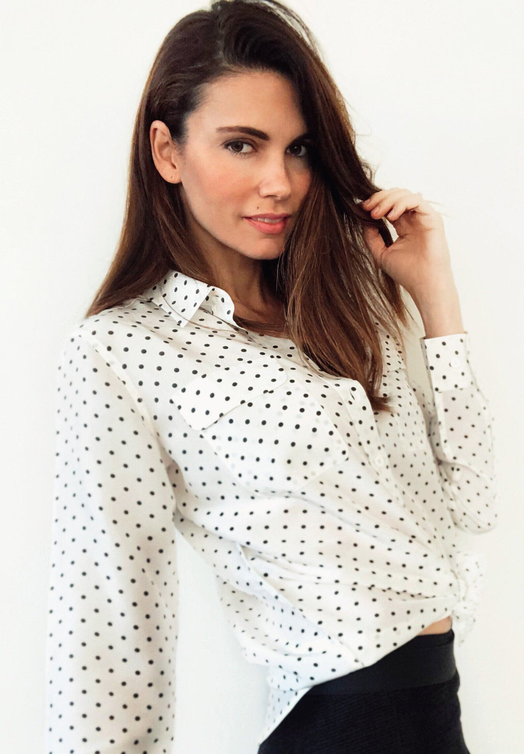 Lete Silk Polka Dots White, Sand Washed Shirt with pockets