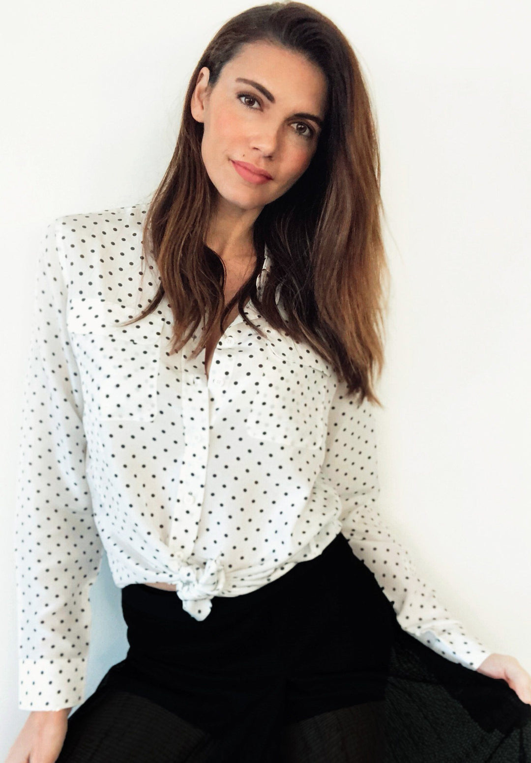 Lete Silk Polka Dots White, Sand Washed Shirt with pockets