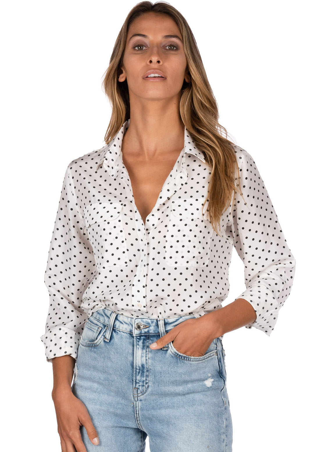 Lete Silk Polka Dots White, Sand Washed Shirt with pockets