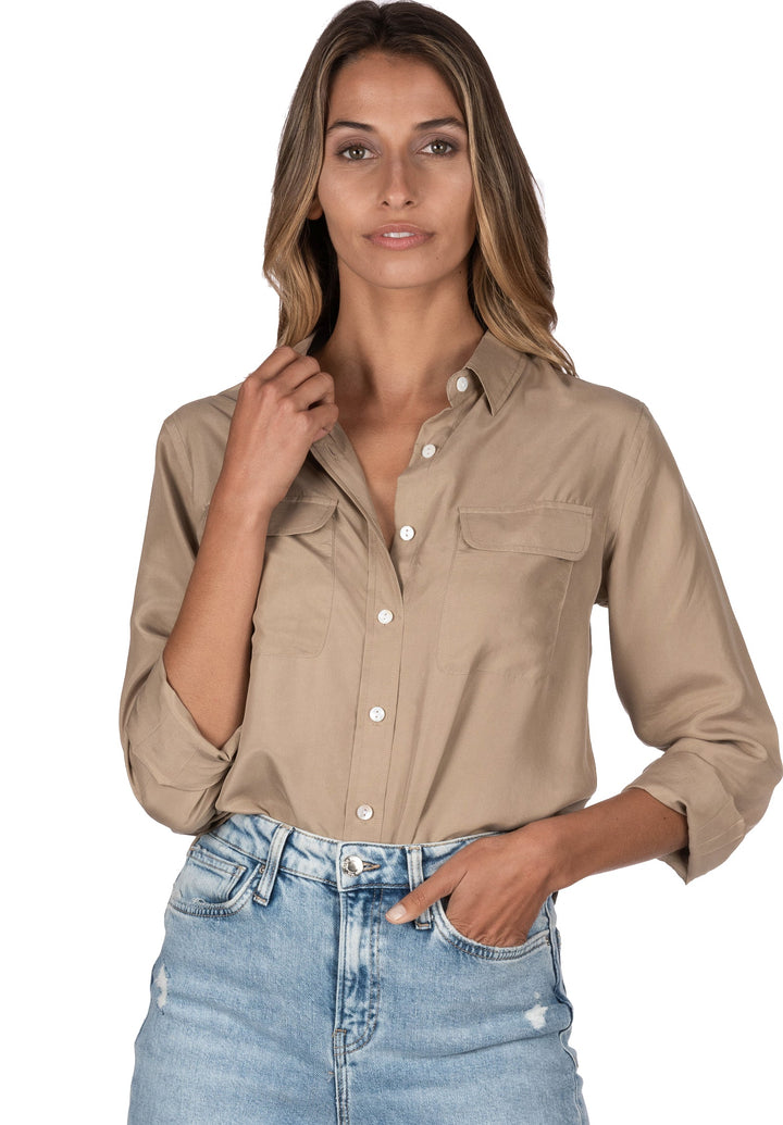 Lete Silk Khaki, Sand Washed Shirt with pockets