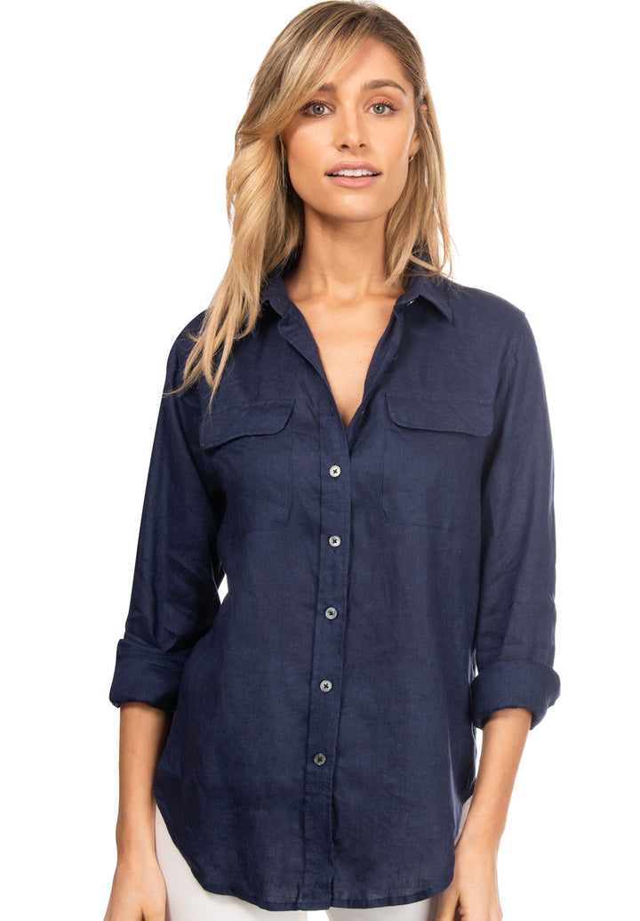 Lete Navy Blue, Relaxed Linen Shirt with Pockets