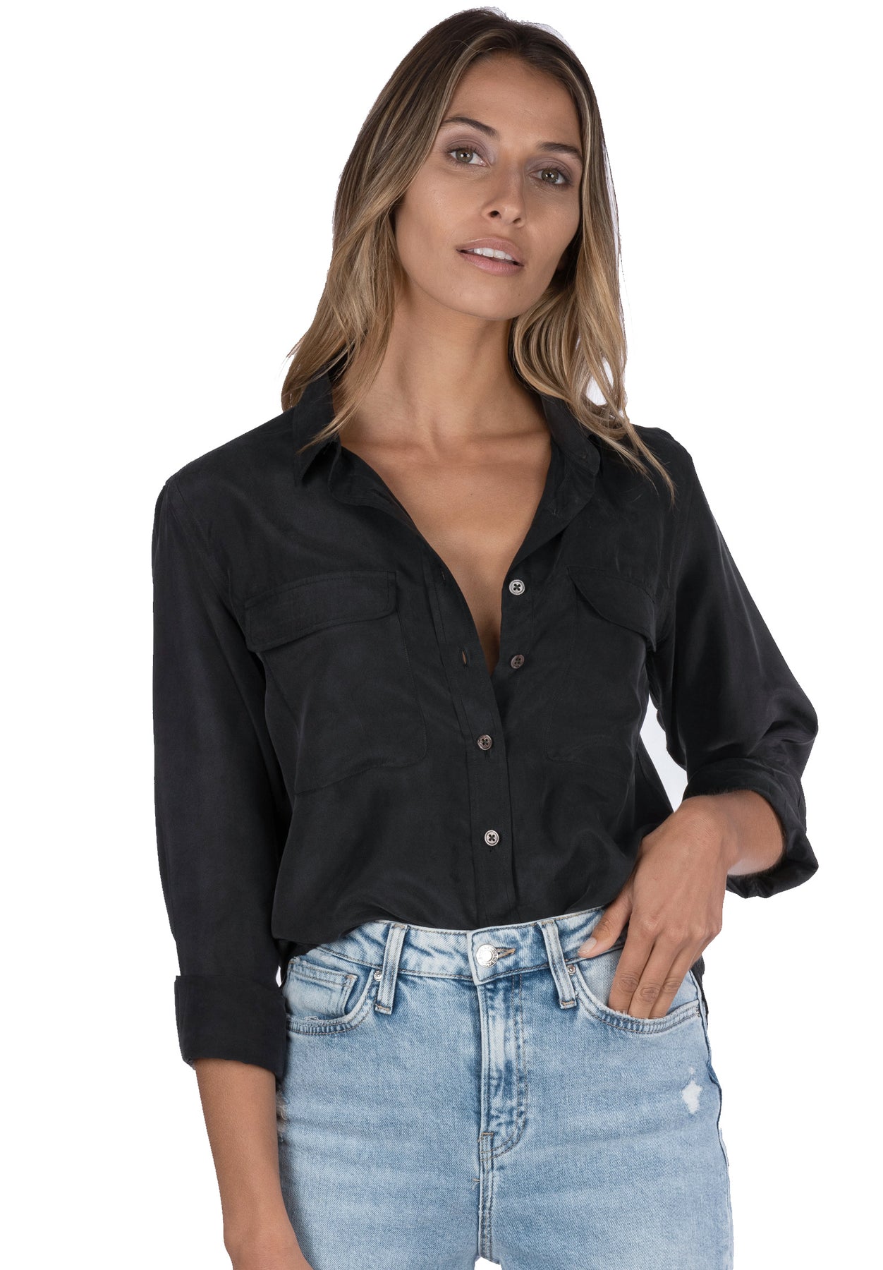 Lete Silk Black, Sand Washed Shirt with pockets – CAMIXA