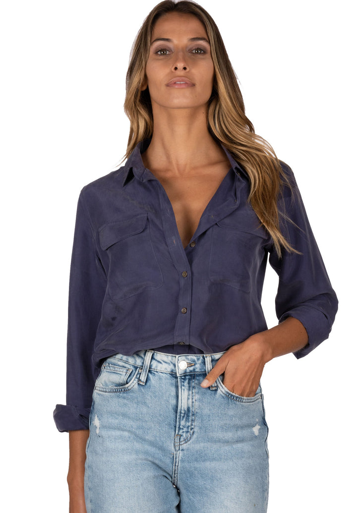 Lete Silk Blue, Sand Washed Shirt with pockets
