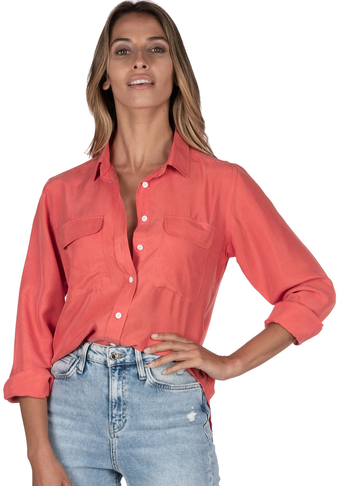 Lete Silk Coral, Sand Washed Shirt with pockets