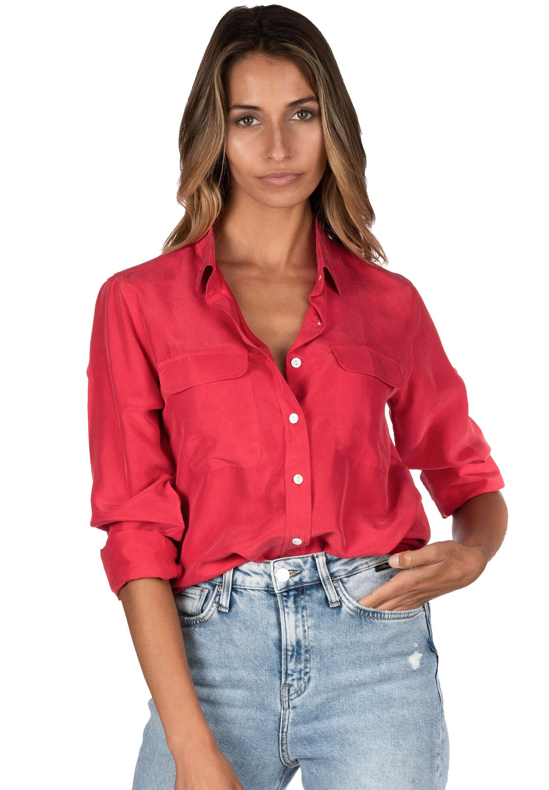 Lete Silk Washed Red, Sand Washed Shirt with pockets