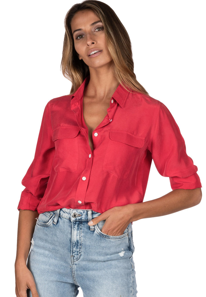 Lete Silk Washed Red, Sand Washed Shirt with pockets