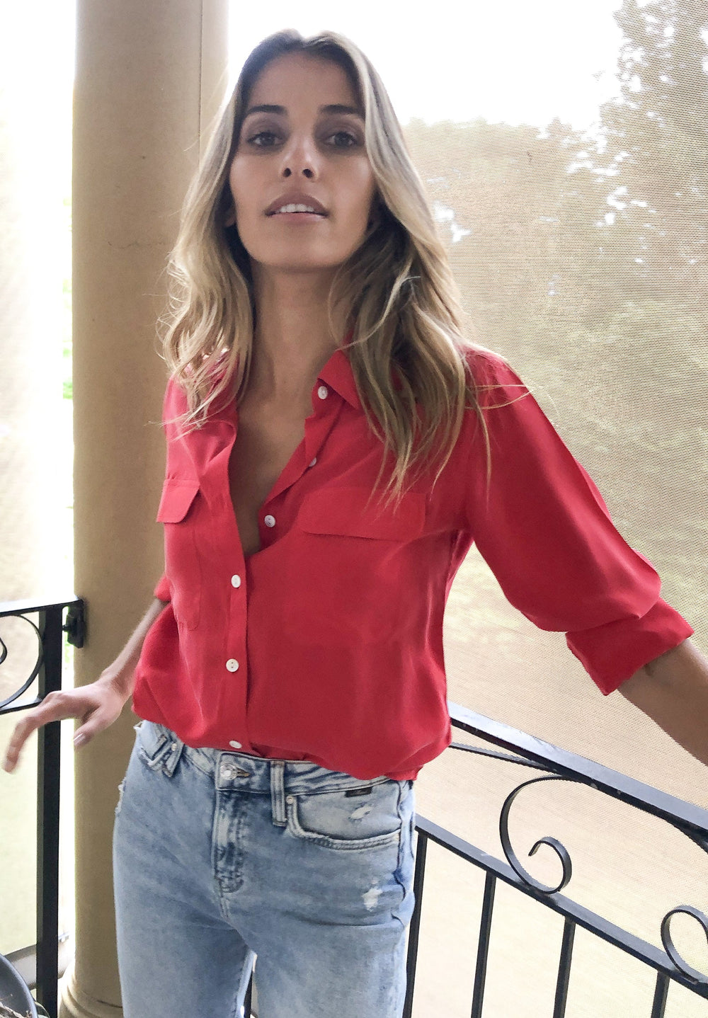 Lete Silk Washed Red, Sand Washed Shirt with pockets