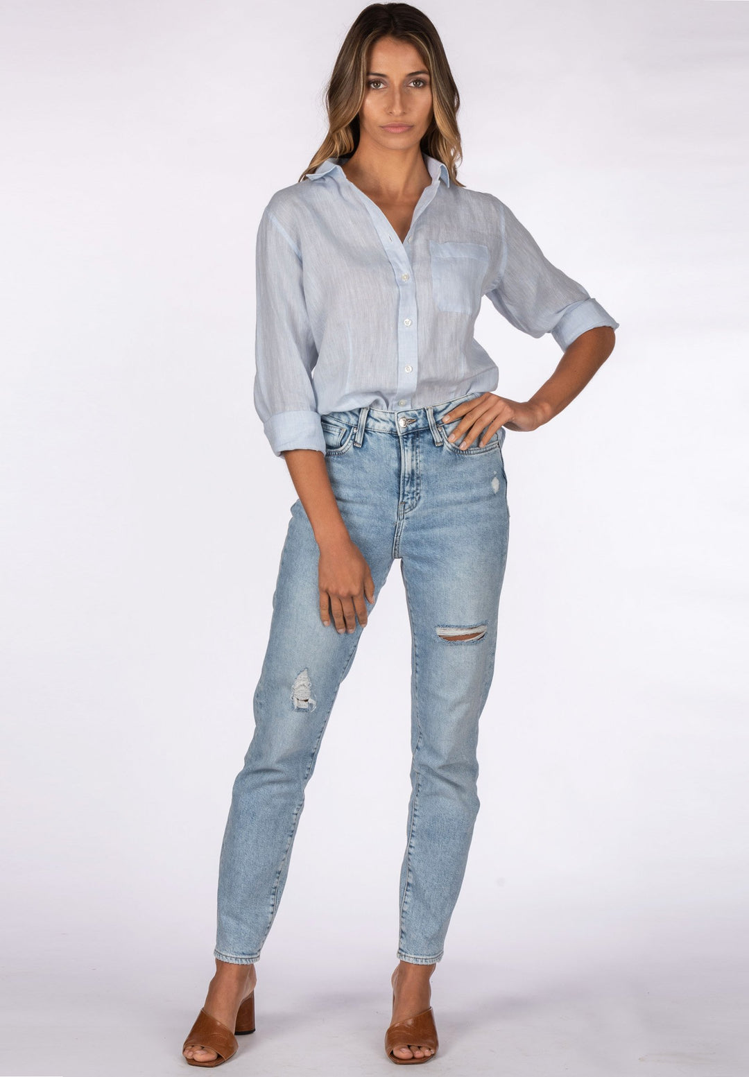 Lina Azure Melange Slim-Fit Linen Shirt –