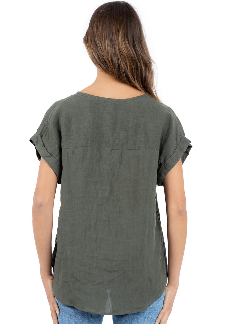 Martina Olive Green, Sand Washed Linen T-Shirt