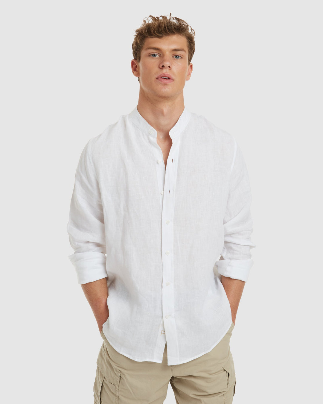 Palma White Mandarin Collar Linen Shirt - Slim Fit