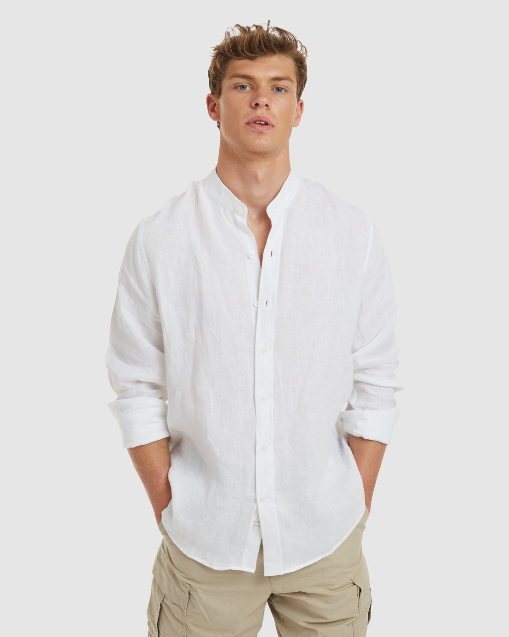 Palma-Slim White Mandarin Collar Linen Shirt