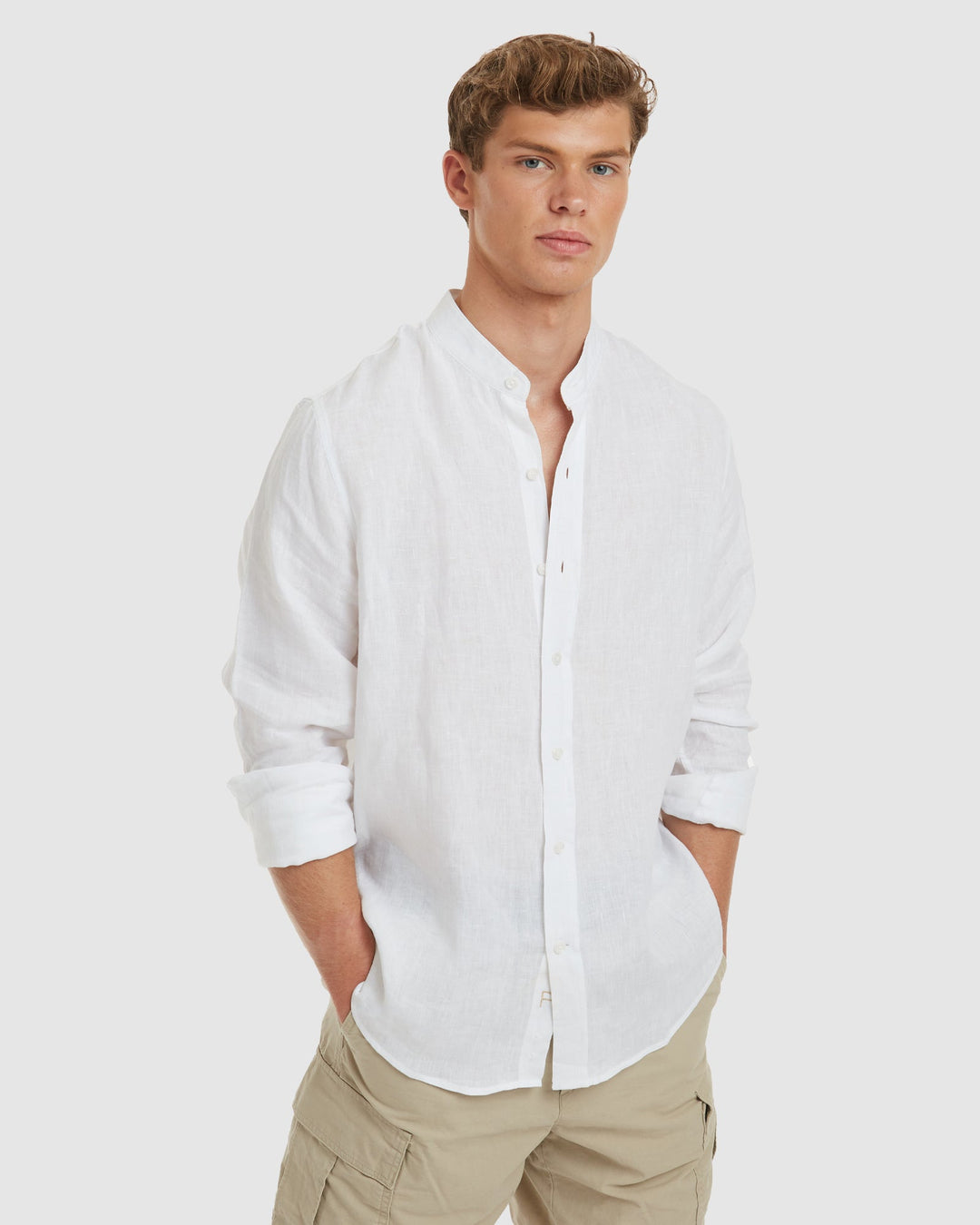 Palma White Mandarin Collar Linen Shirt - Slim Fit