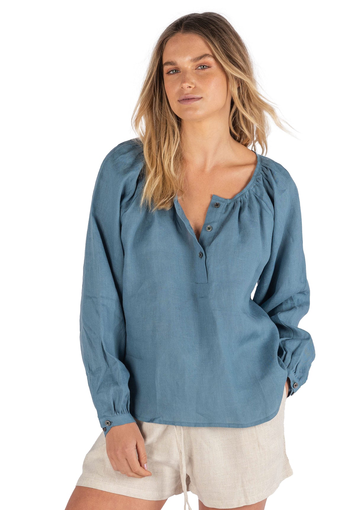 Poem Dusk Blue Peasant Linen Blouse