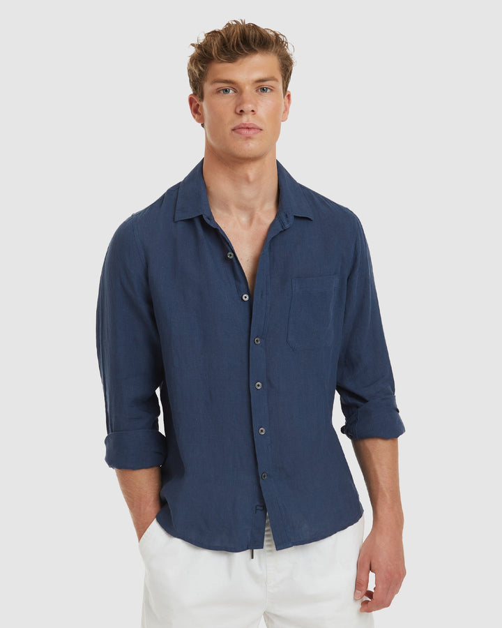 Ravello No Tuck Navy Linen Shirt - Slim Fit