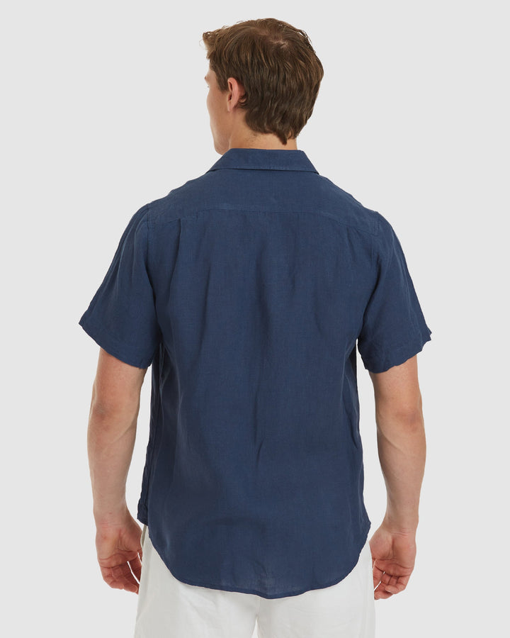 Ravello No Tuck Short Sleeve Navy Linen Shirt - Slim Fit