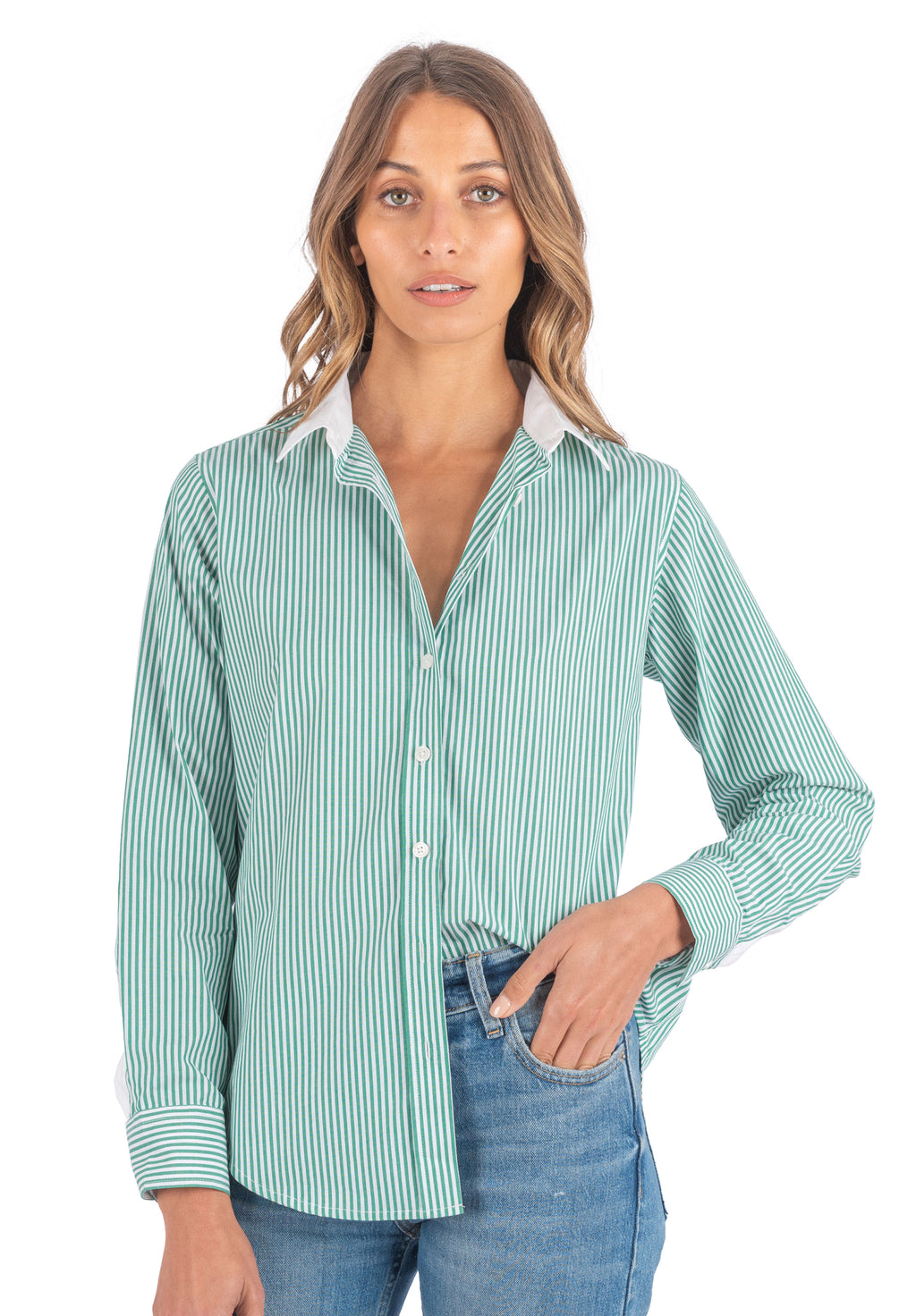 Riga Green and White Stripes Classic Fit Poplin Cotton Shirt