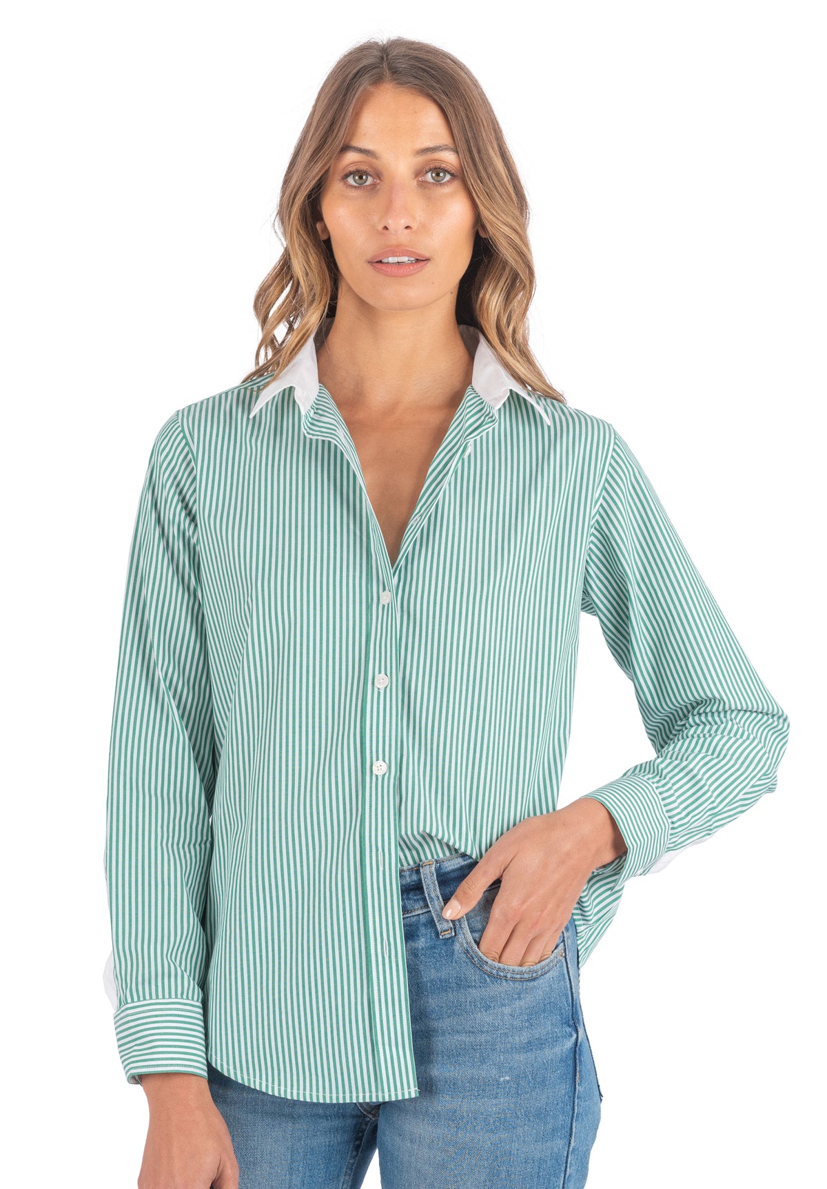 Riga Green and White Stripes Classic Fit Poplin Cotton Shirt