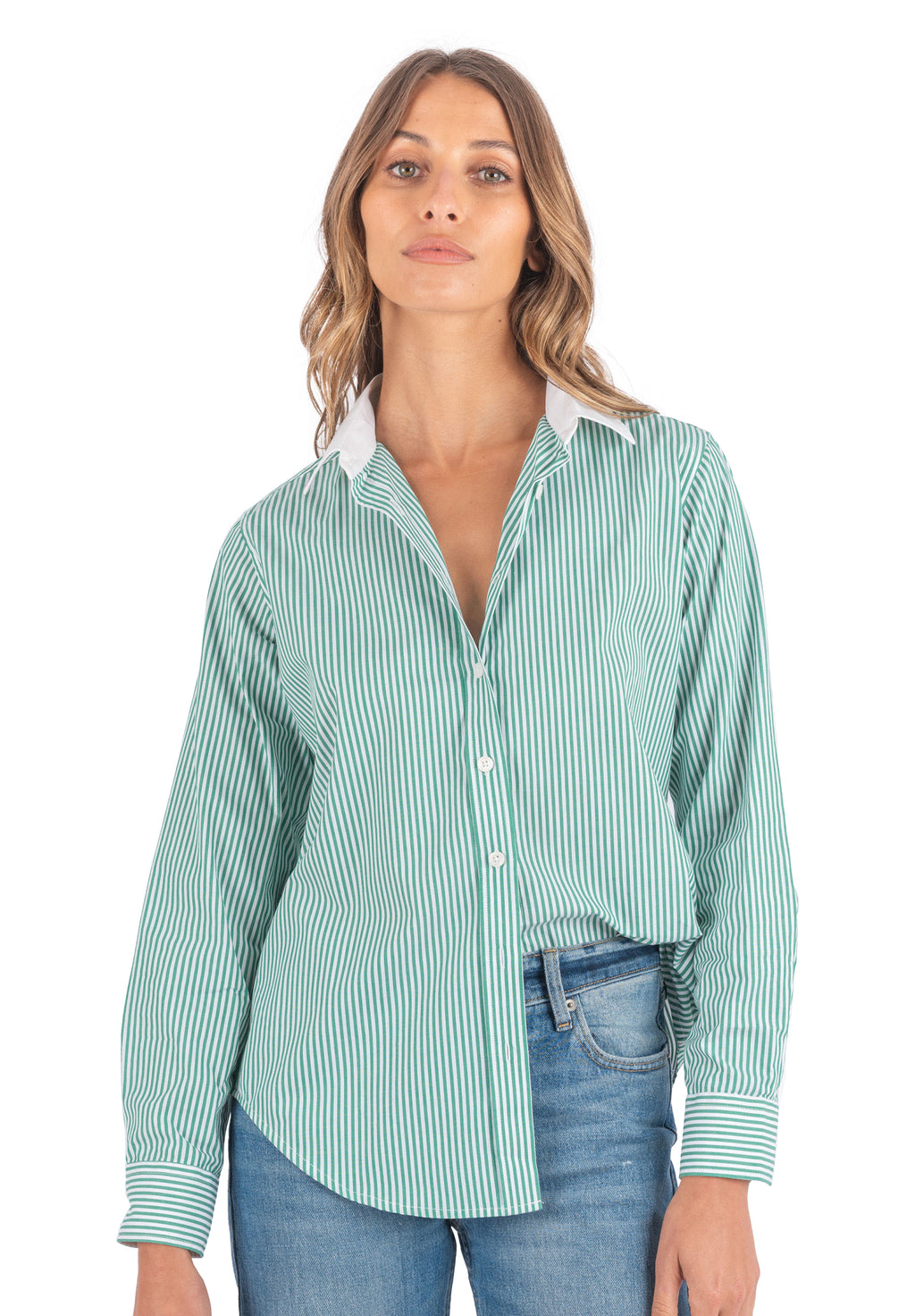 Riga Green and White Stripes Classic Fit Poplin Cotton Shirt