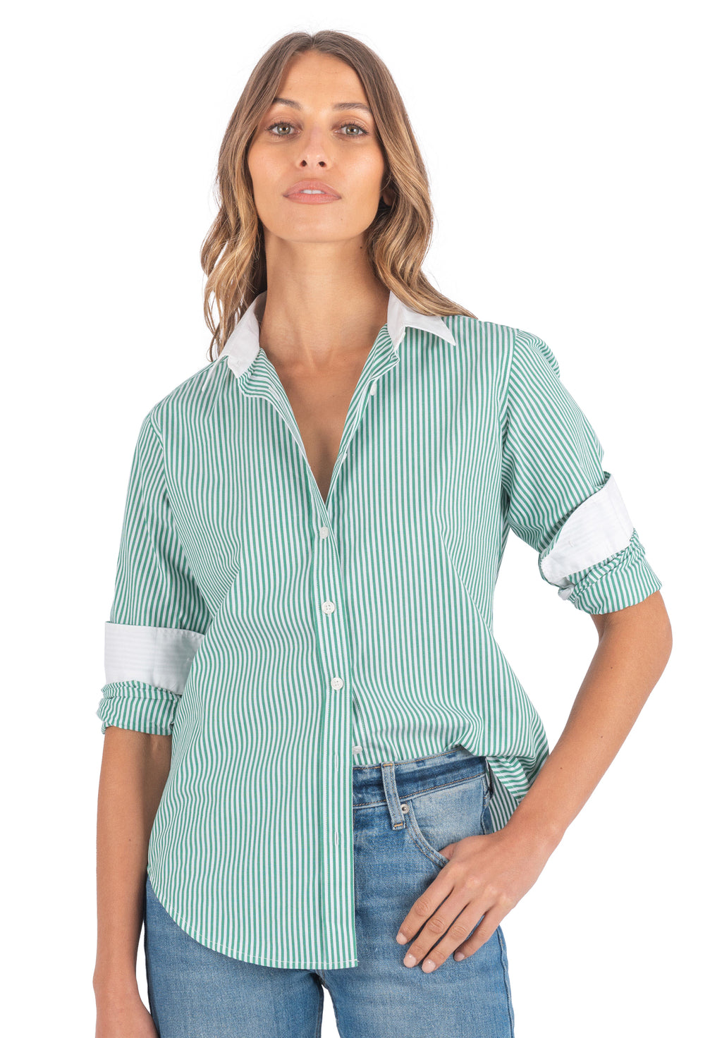 Riga Green and White Stripes Classic Fit Poplin Cotton Shirt