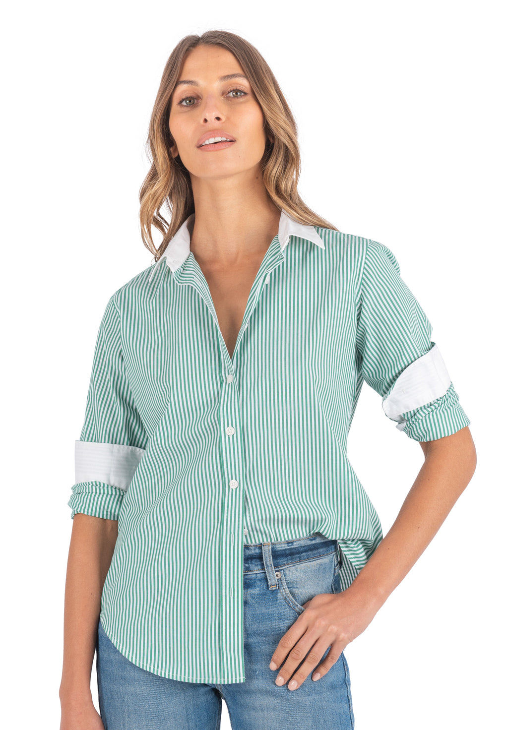 Riga Green and White Stripes Classic Fit Poplin Cotton Shirt
