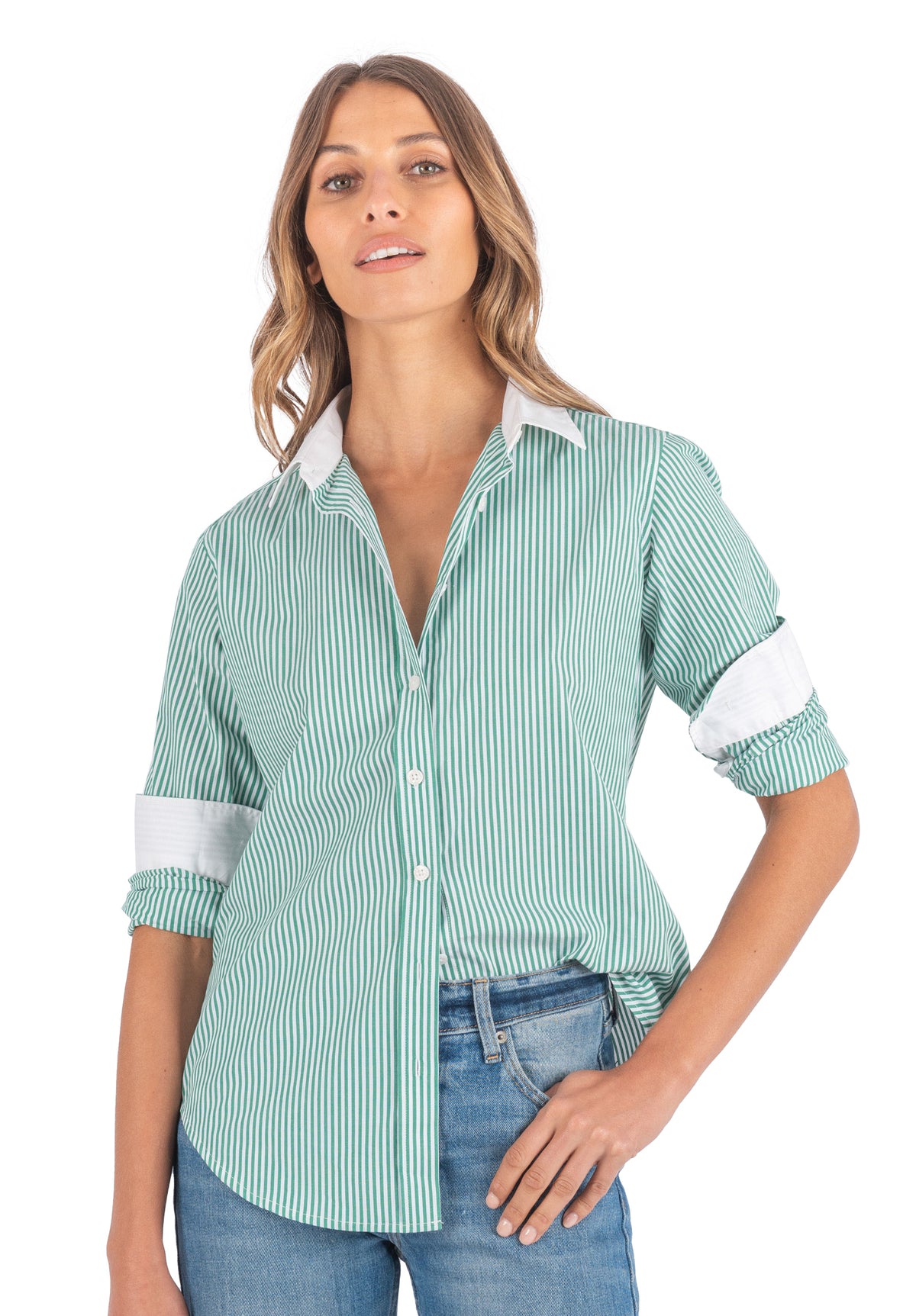 Riga Green and White Stripes Classic Fit Poplin Cotton Shirt