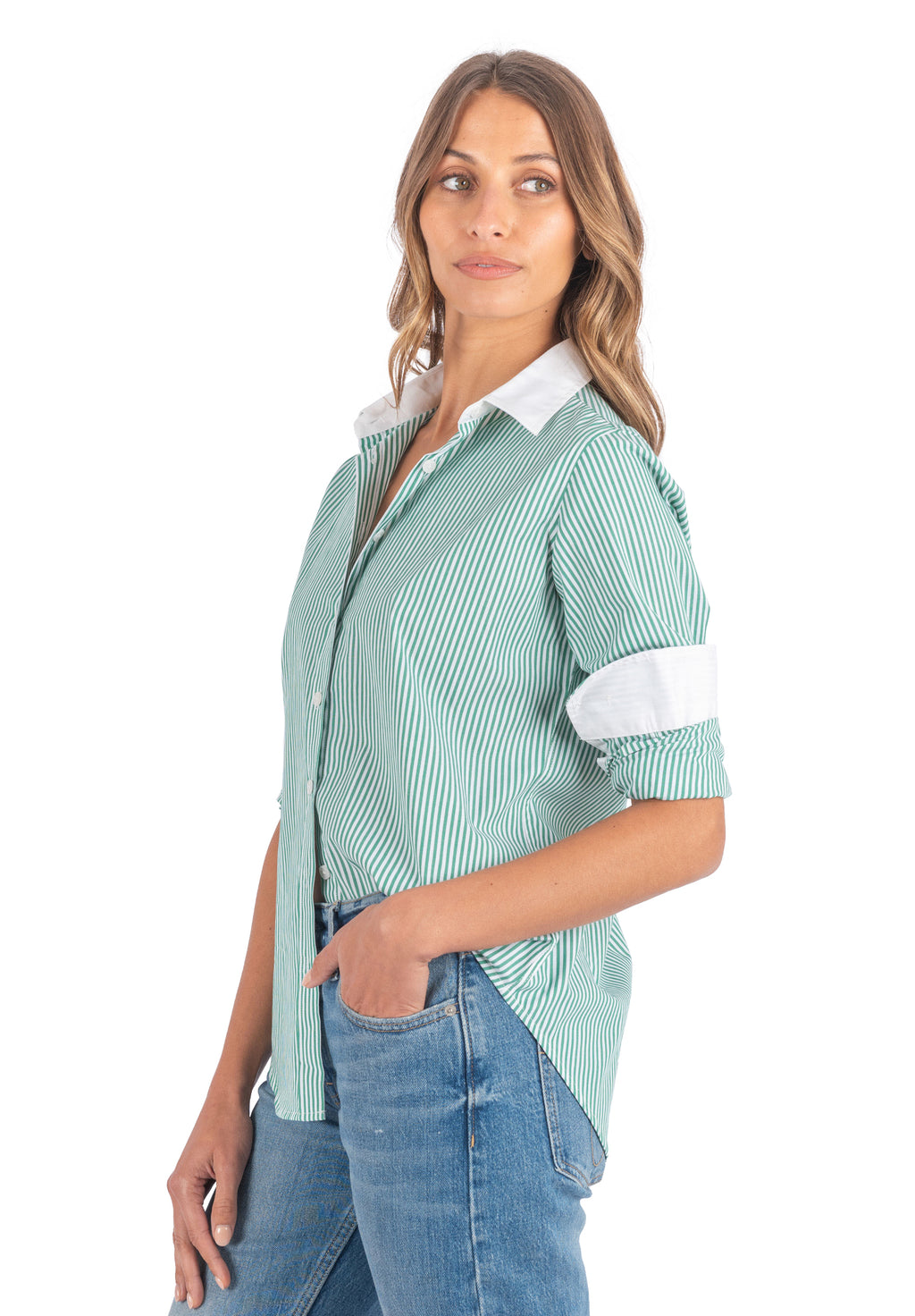 Riga Green and White Stripes Classic Fit Poplin Cotton Shirt