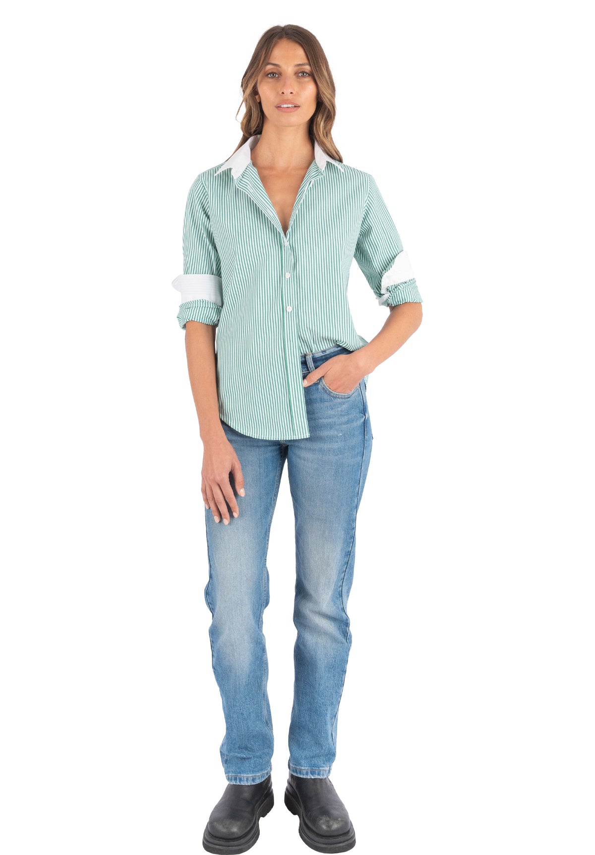 Riga Green and White Stripes Classic Fit Poplin Cotton Shirt