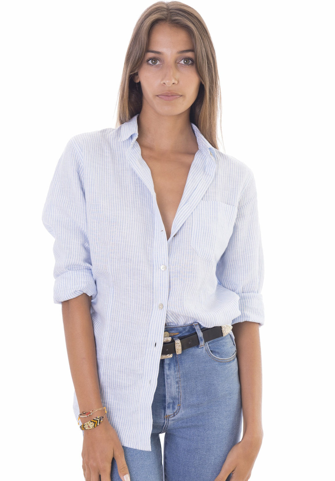 Rina Azure, Pin Striped Linen Shirt