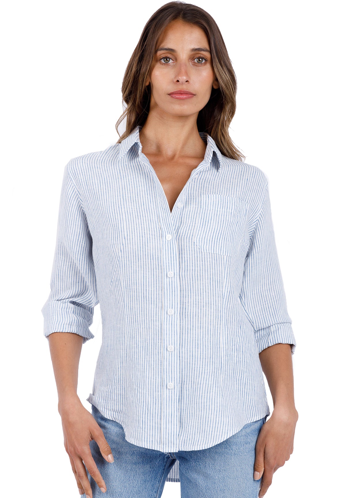 Rina Light Blue, Striped Linen Shirt